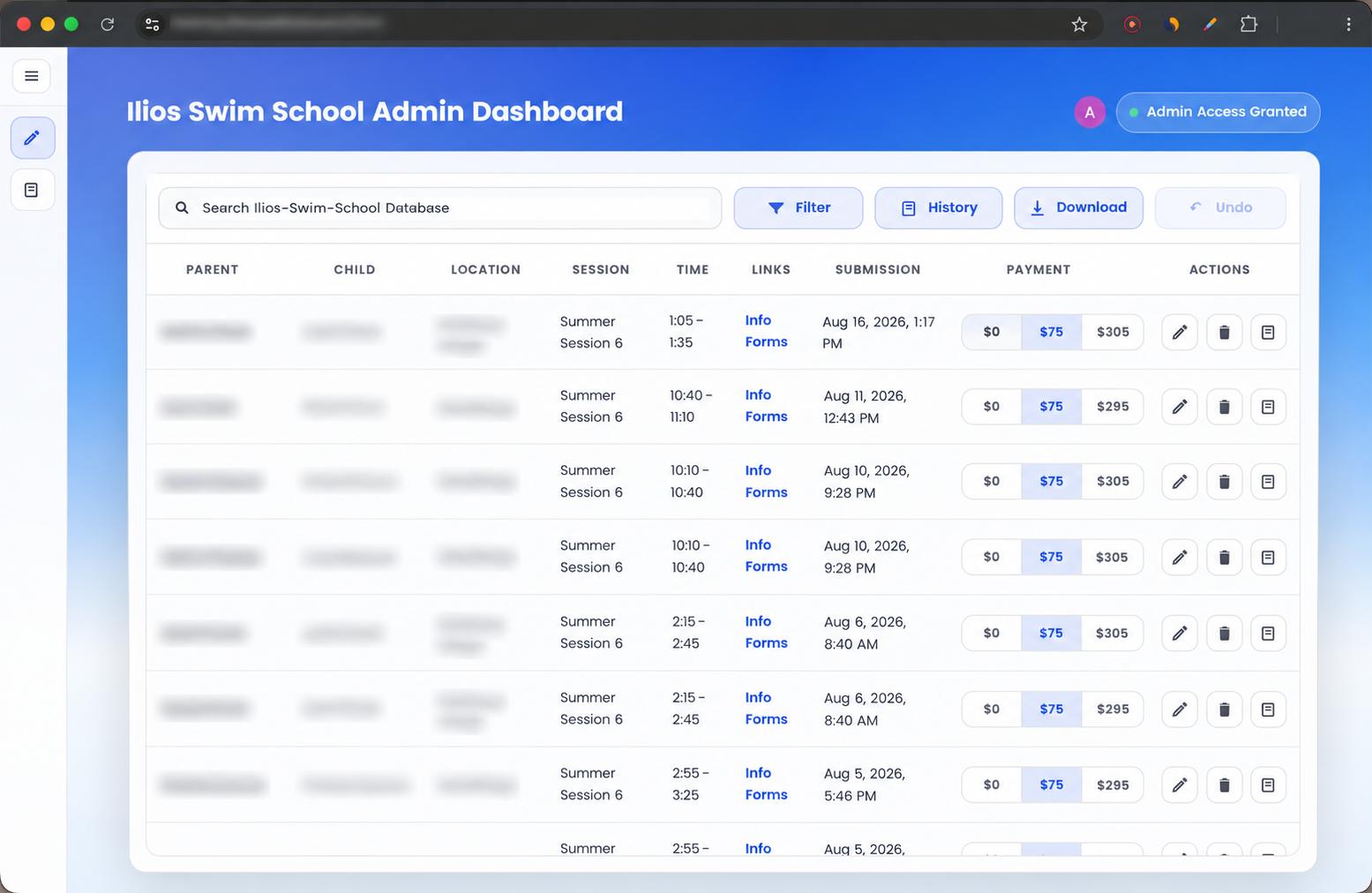 Admin dashboard listing bookings with parent, child, location, session, time, forms and payment columns.