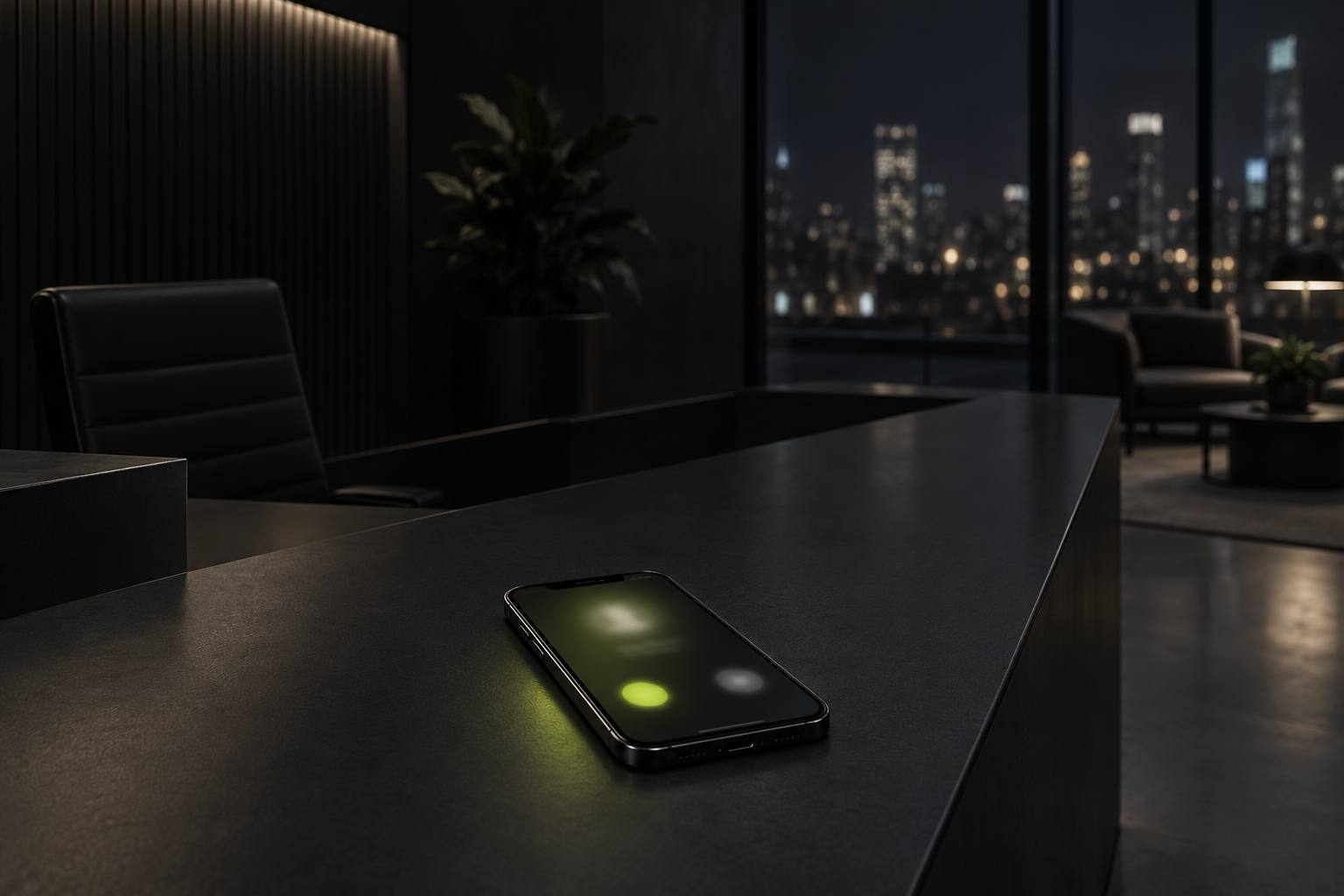 A smartphone glowing on an empty reception desk at night.
